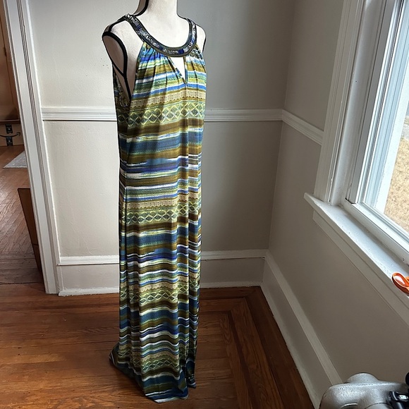 Mlle Gabriel Maxi Dress Bead Embellished Keyhole Neckline Flowy Stripe Print - Picture 12 of 17